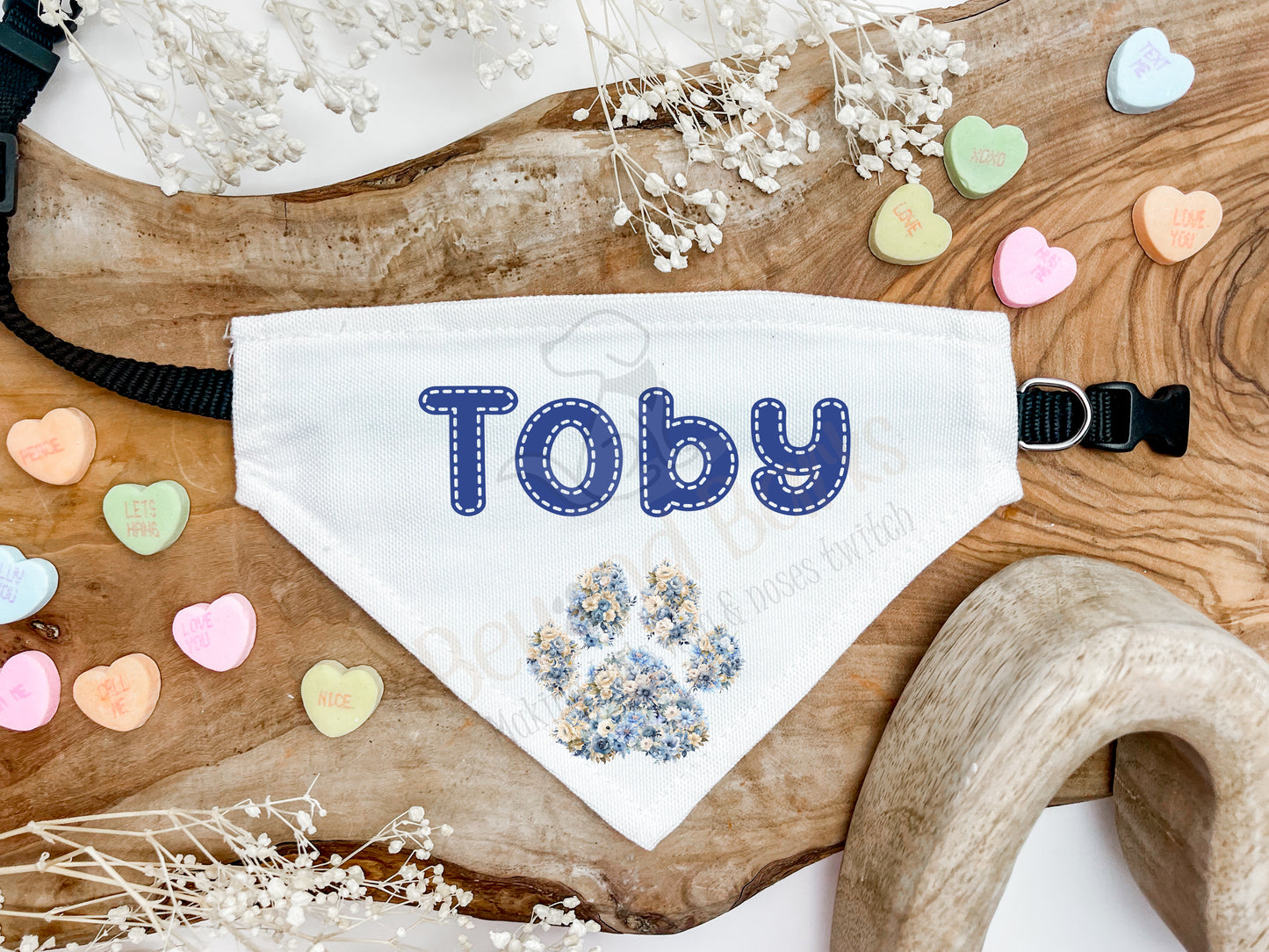 Personalised name dog bandana with paw print